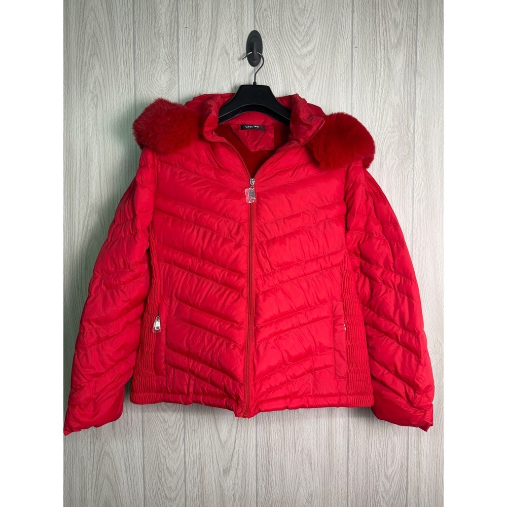 CHIC ME Women's Red Puffer Jacket Faux Fur Hood Quilted Zip Up Size L - Picture 2 of 8